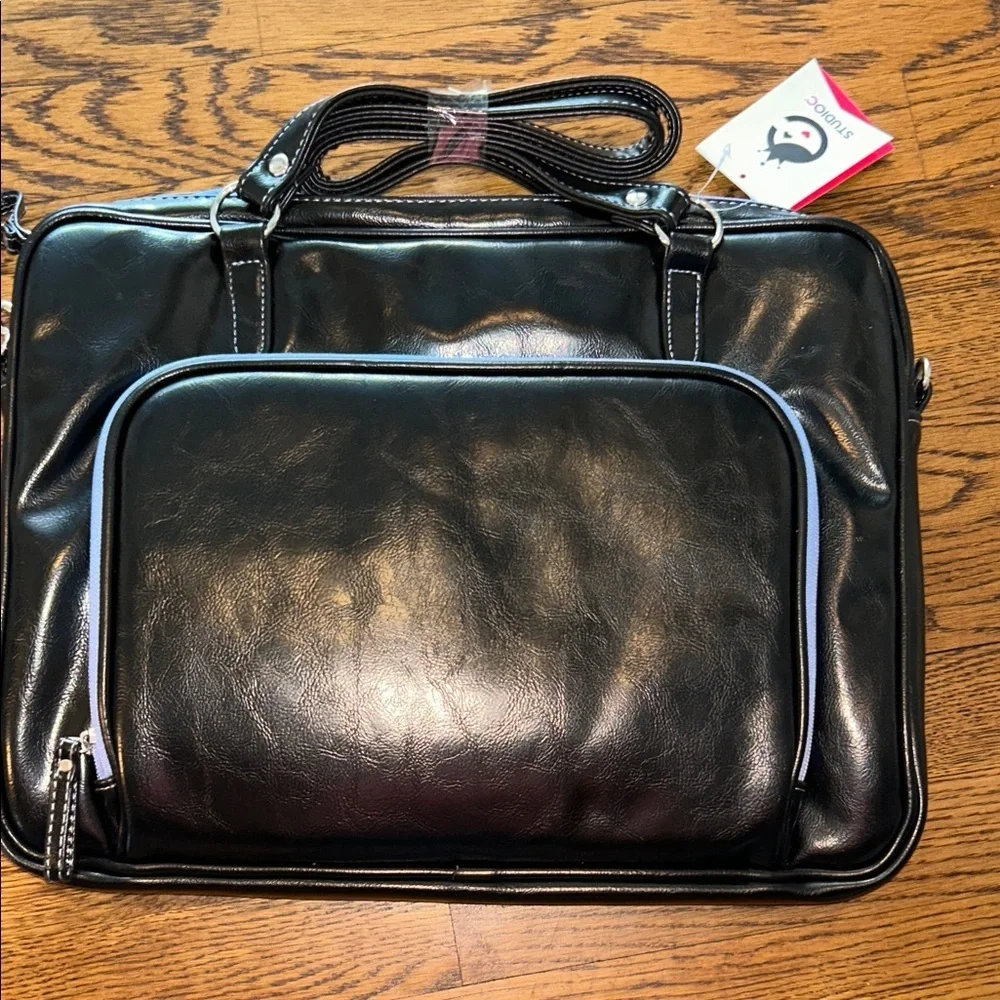 Studio C Black Leather Briefcase with lavender zipper